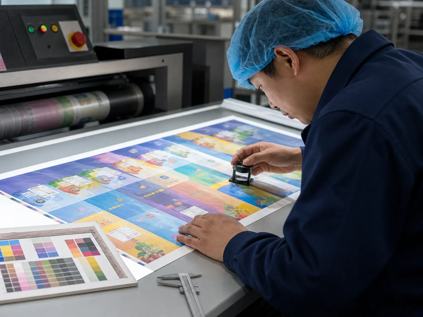 Technician inspecting printed packaging