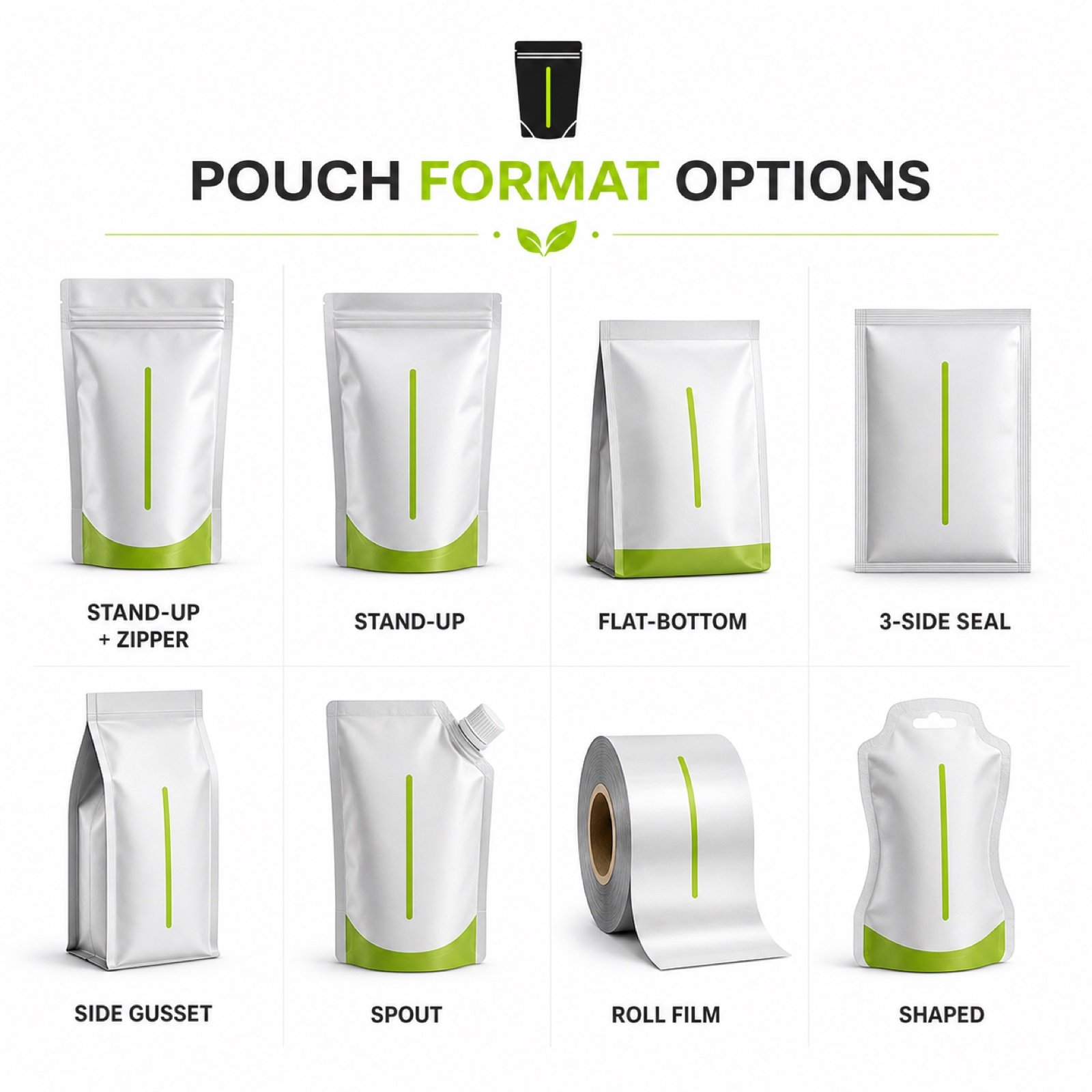 StandPouchy pouch format options including stand-up, flat-bottom, side-gusset, spout and shaped packaging