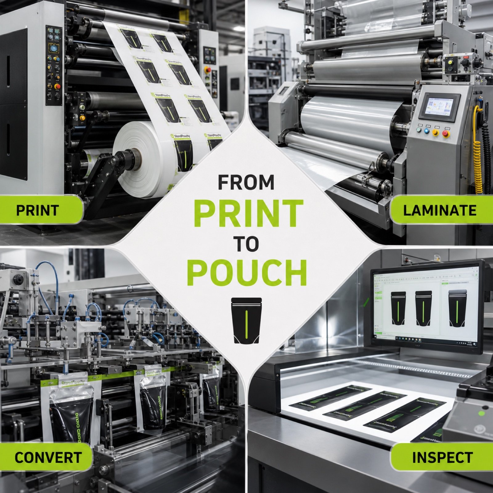 StandPouchy flexible packaging production stages from printing and lamination to pouch conversion and inspection