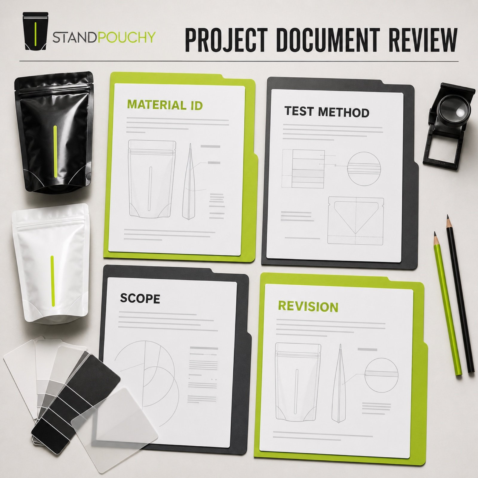 StandPouchy project document review for material identity, test method, scope and revision control