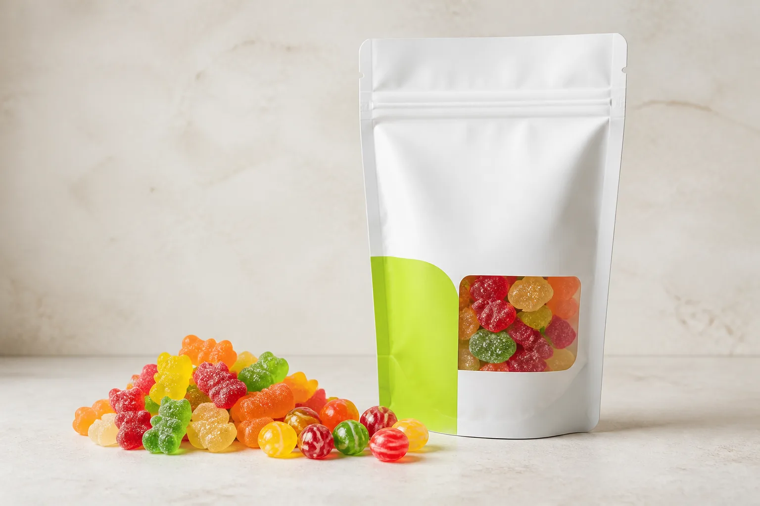 White and lime window pouch with colorful gummy and hard candies