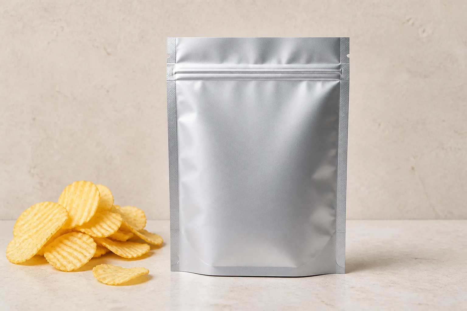 Front-facing silver stand-up snack pouch with ridged potato chips