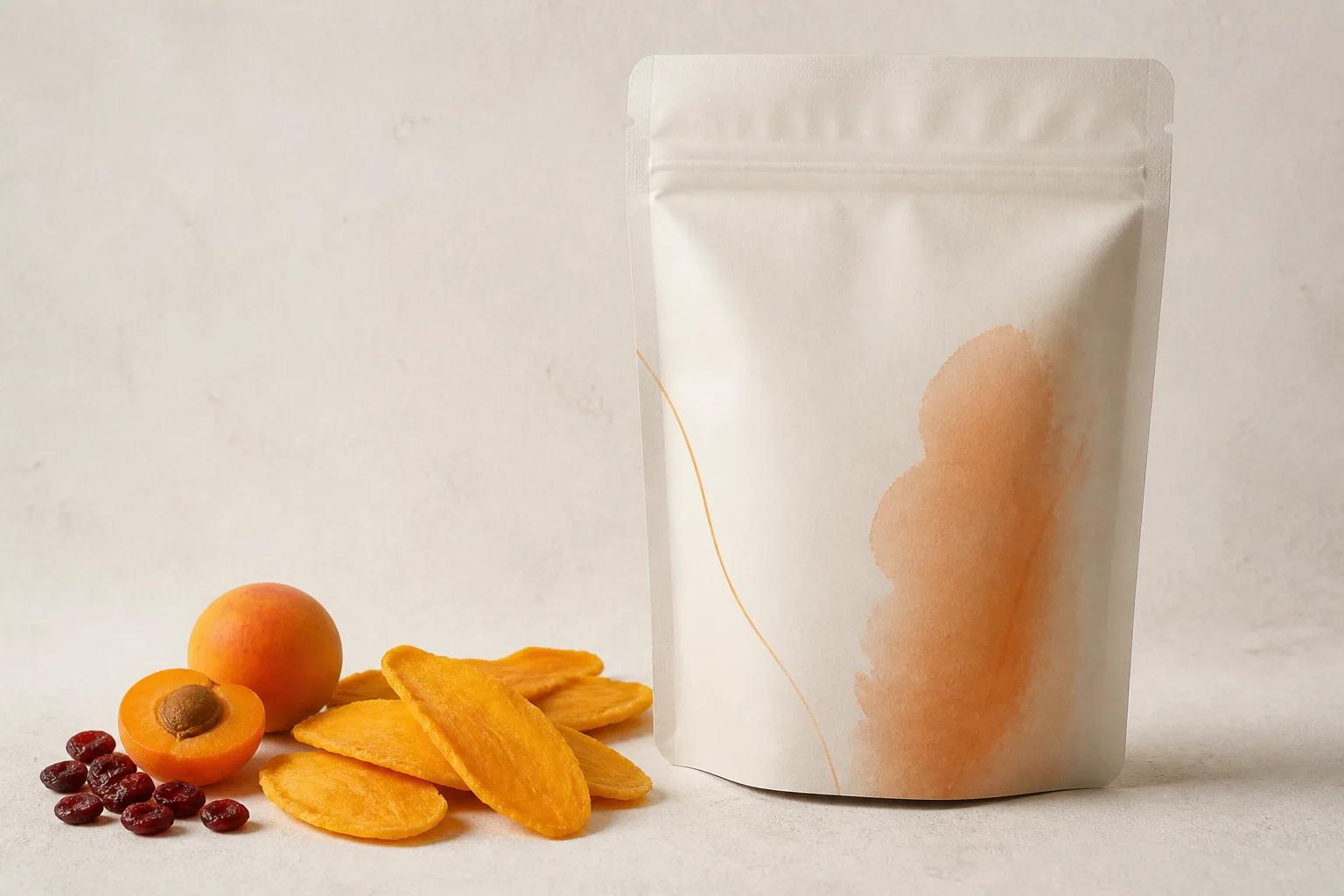 Warm white resealable pouch with dried mango, apricot and cranberries