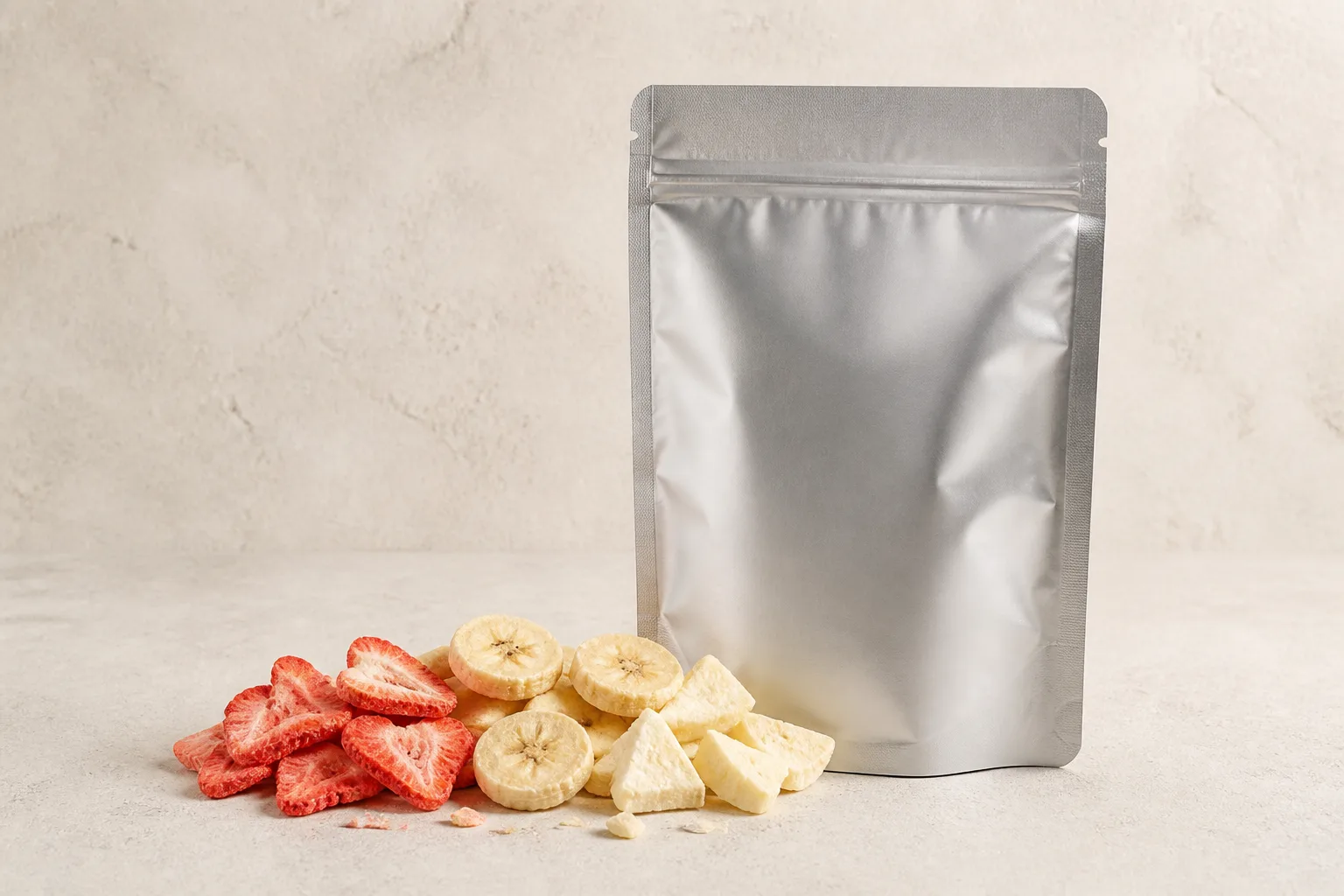Silver high-barrier pouch with fragile freeze-dried strawberry, banana and apple pieces