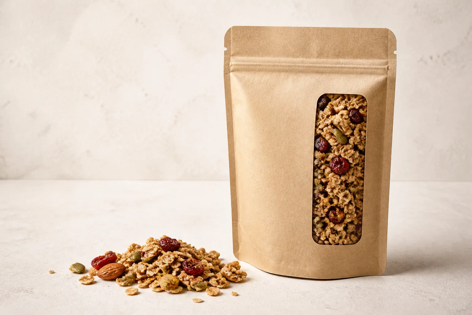 Kraft-look window pouch with oat clusters, seeds, almonds and cranberries