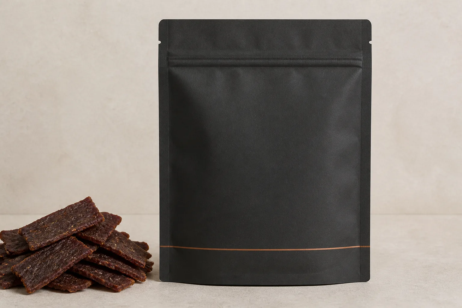 Front-facing charcoal high-barrier zipper pouch with sliced beef jerky