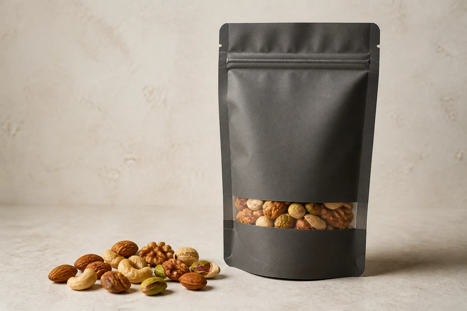 Matte charcoal resealable pouch with almonds, cashews, walnuts and pistachios