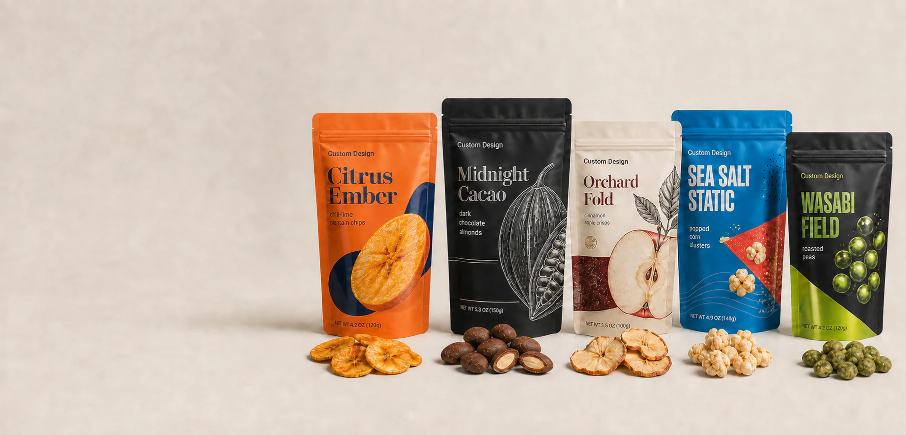 Five distinct Custom Design snack stand-up pouch SKUs with gold foil, silver foil and spot UV finishes