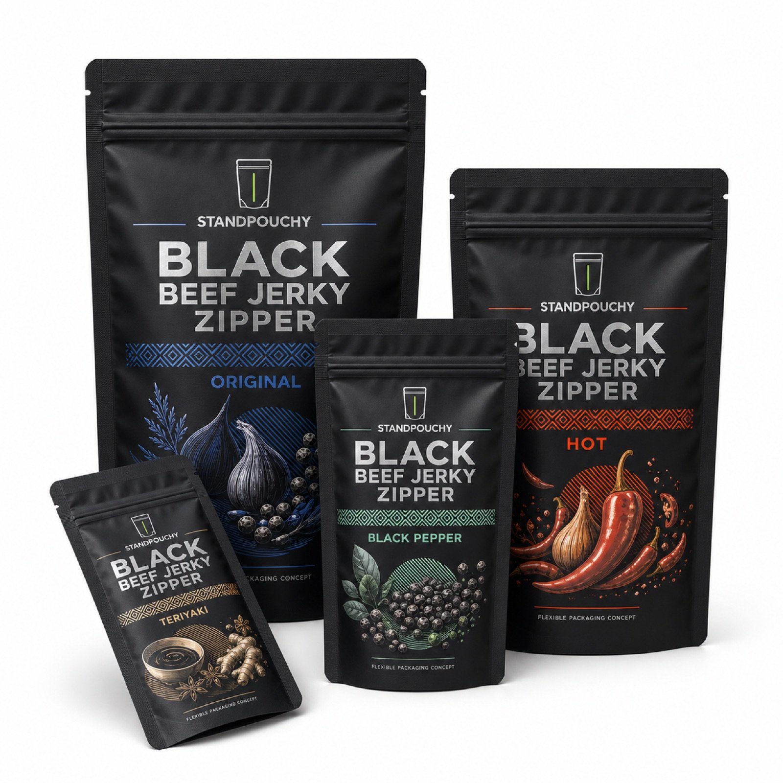Black Matte Beef Jerky Zipper Pouch coordinated SKU series