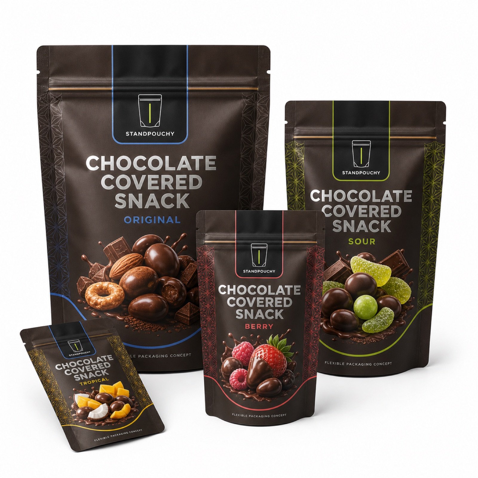 Chocolate Covered Snack Barrier Pouch coordinated SKU series