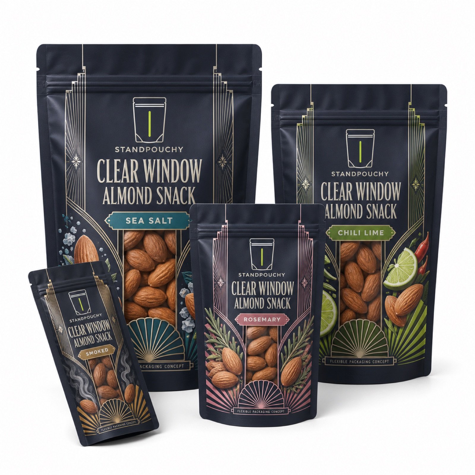 Clear Window Almond Snack Pouch coordinated SKU series