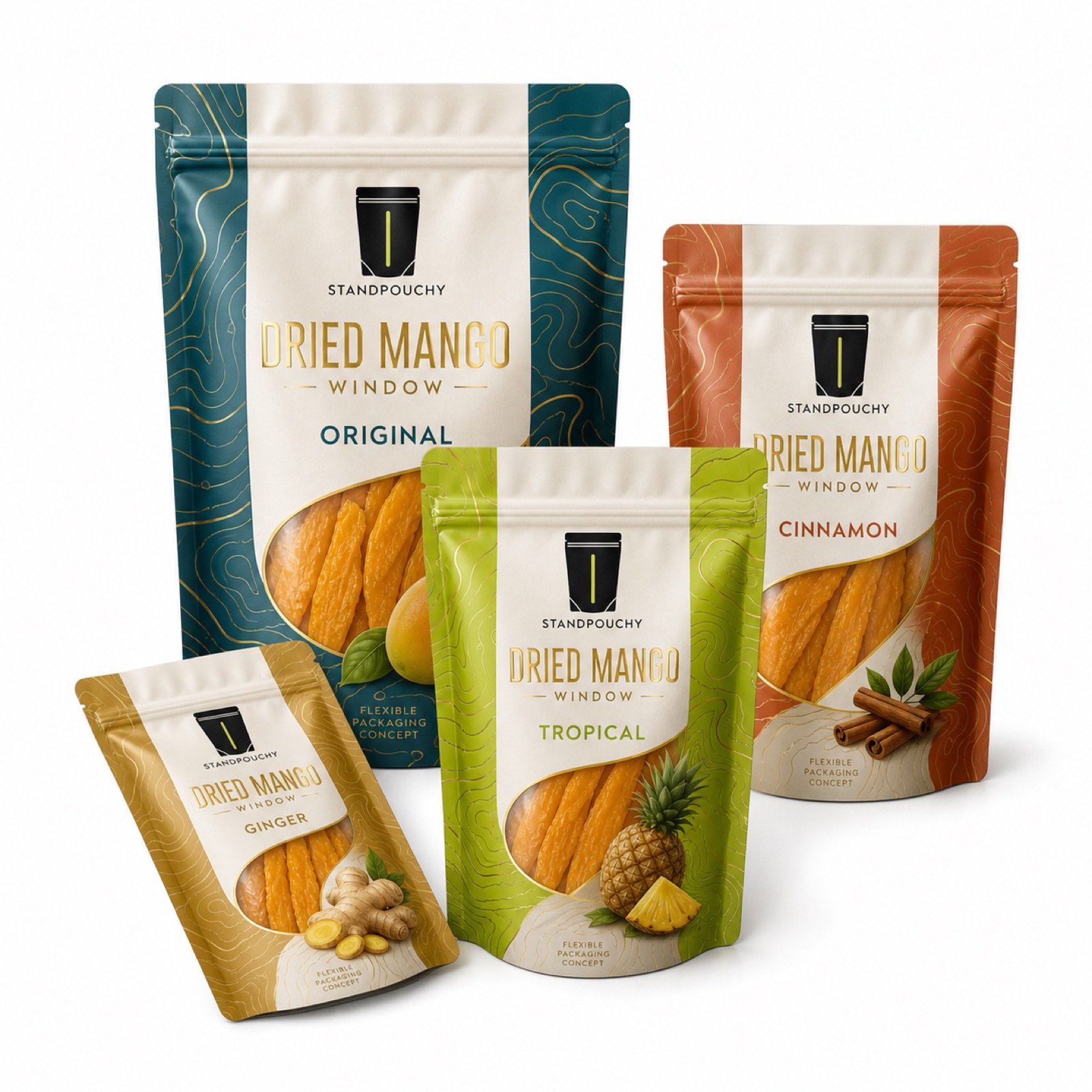 Dried Mango Window Stand Up Pouch coordinated SKU series