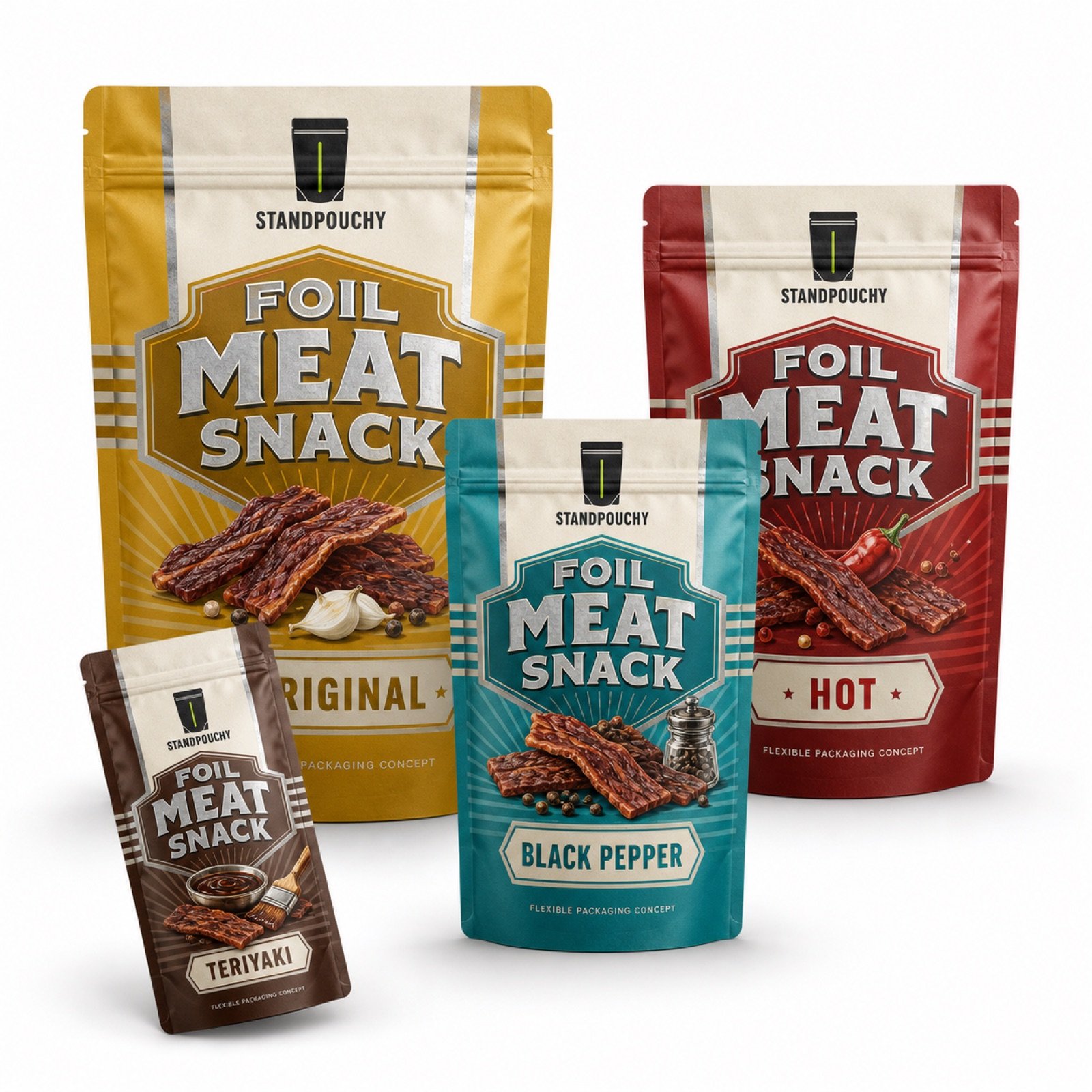 Foil High Barrier Meat Snack Pouch coordinated SKU series