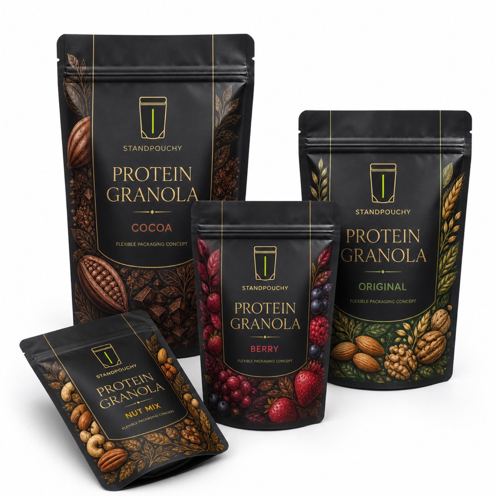 High Barrier Protein Granola Pouch coordinated SKU series