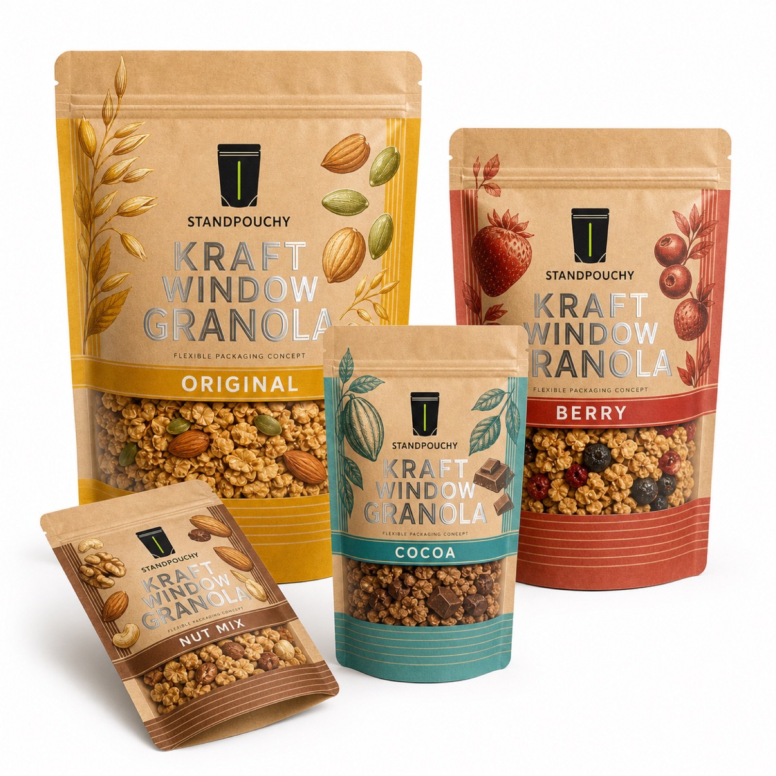 Kraft Window Granola Stand Up Pouch coordinated SKU series
