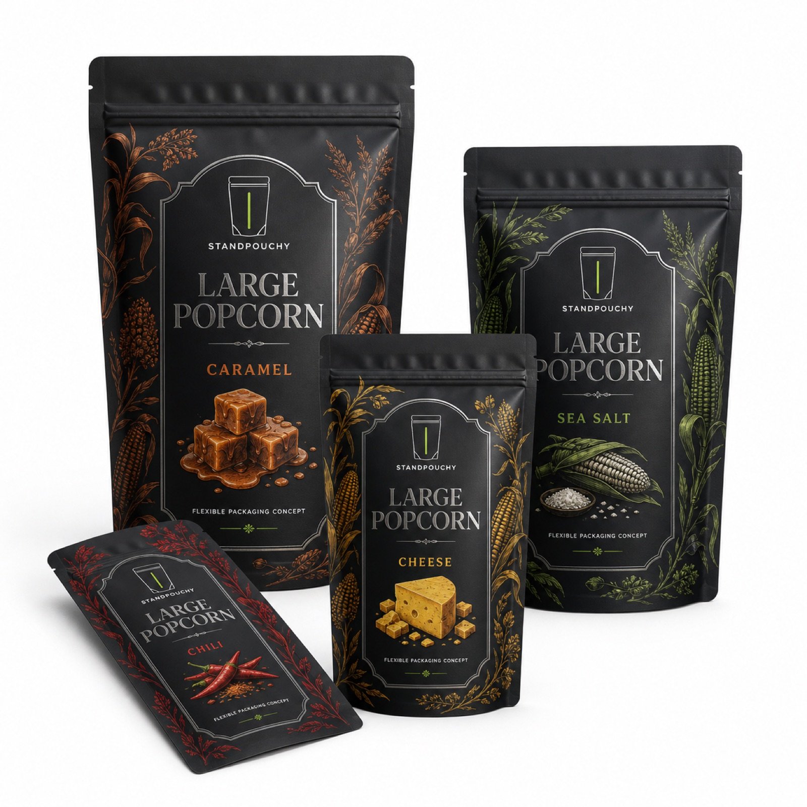 Large Resealable Popcorn Stand Up Pouch coordinated SKU series