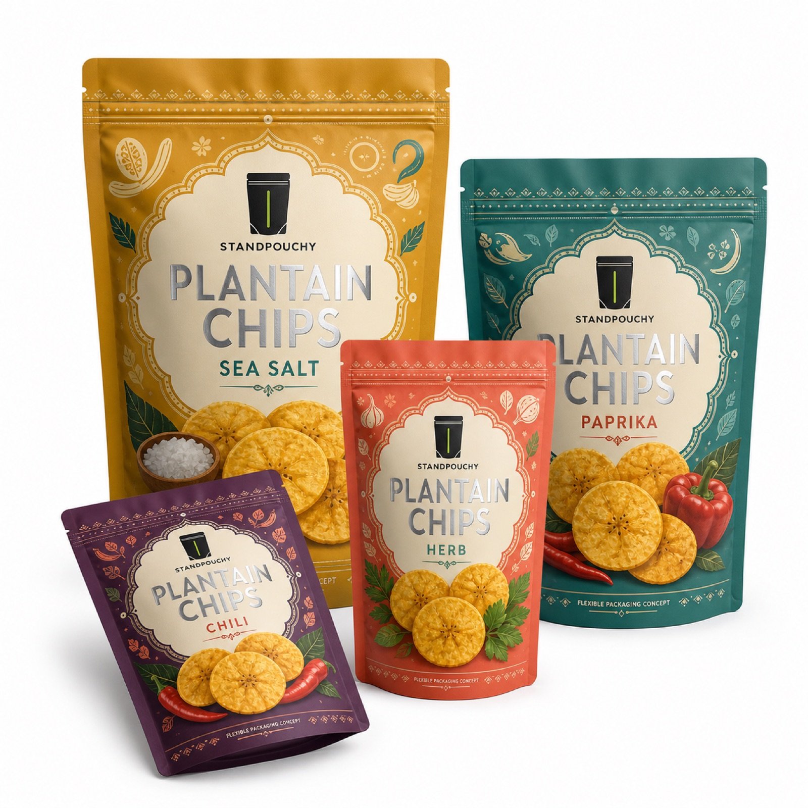 Matte Plantain Chips Packaging Pouch coordinated SKU series