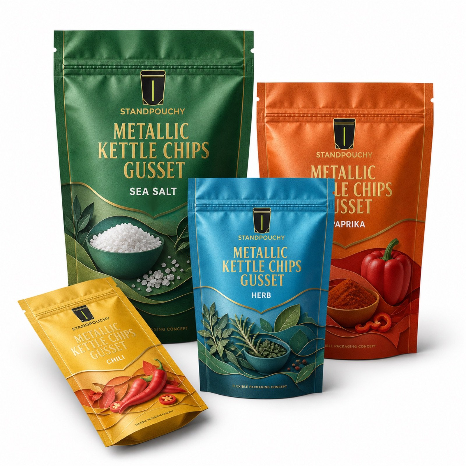 Metallic Kettle Chips Gusset Pouch coordinated SKU series