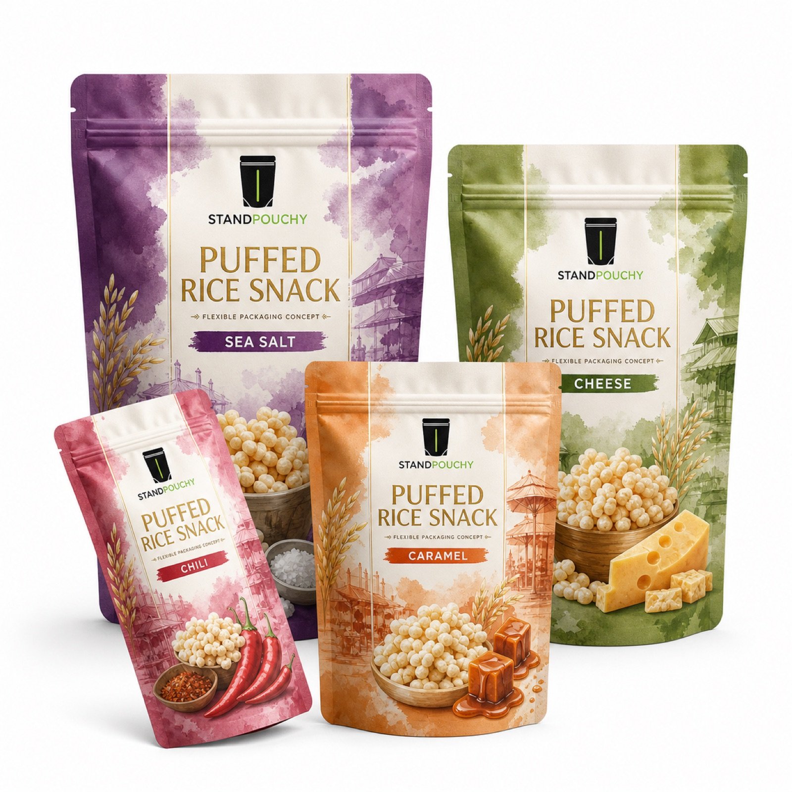Puffed Rice Snack Stand Up Pouch coordinated SKU series