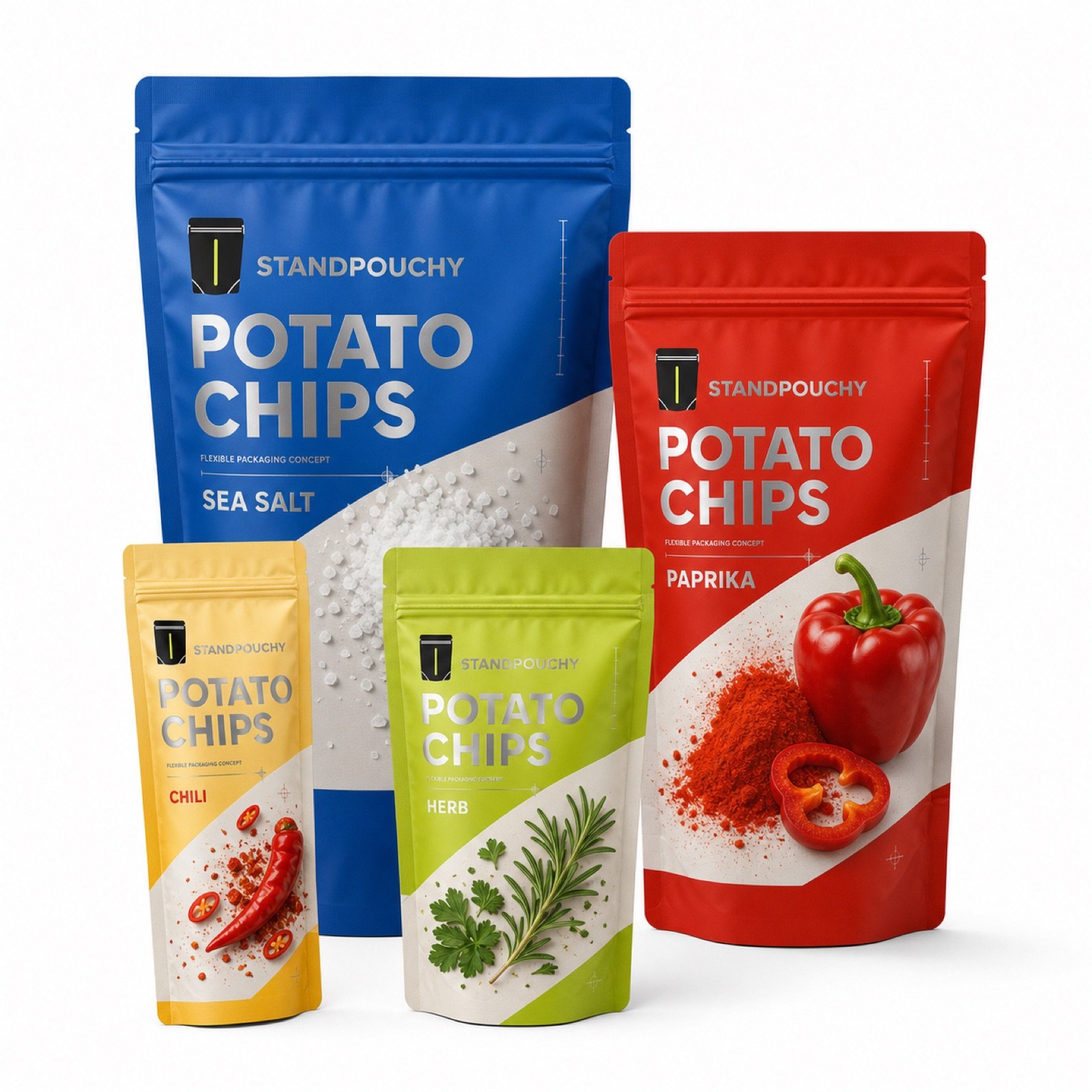 Resealable Potato Chips Stand Up Pouch coordinated SKU series