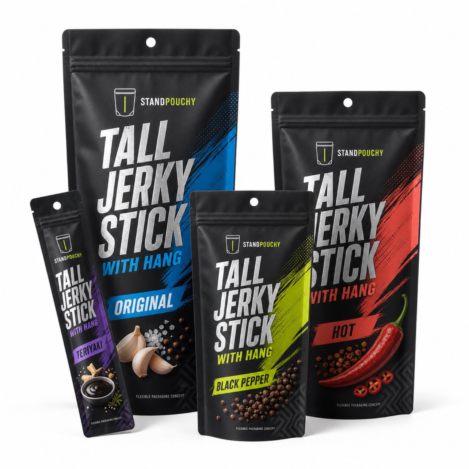 Tall Jerky Stick Pouch with Hang Hole coordinated SKU series