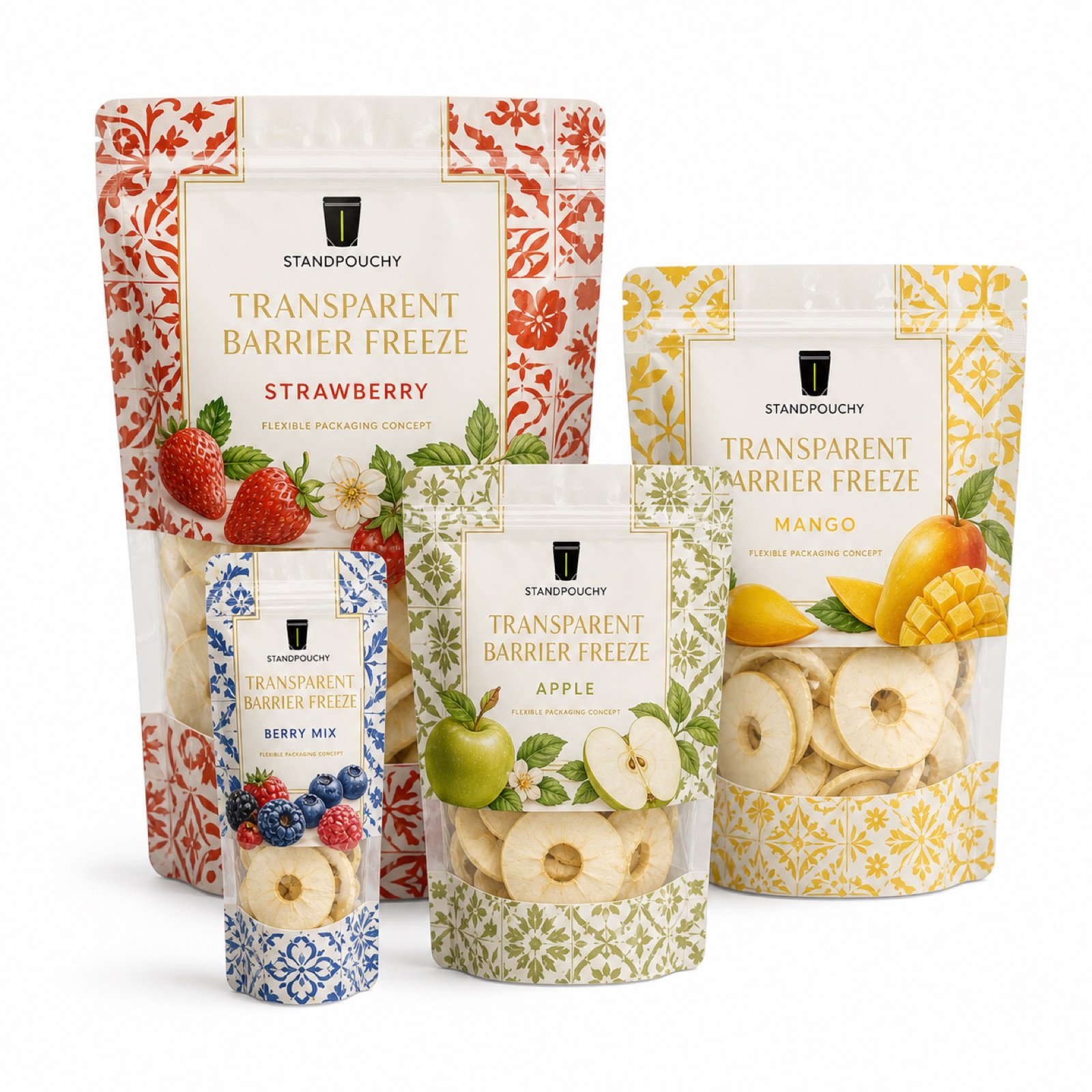 Transparent Barrier Freeze-Dried Apple Chips Pouch coordinated SKU series