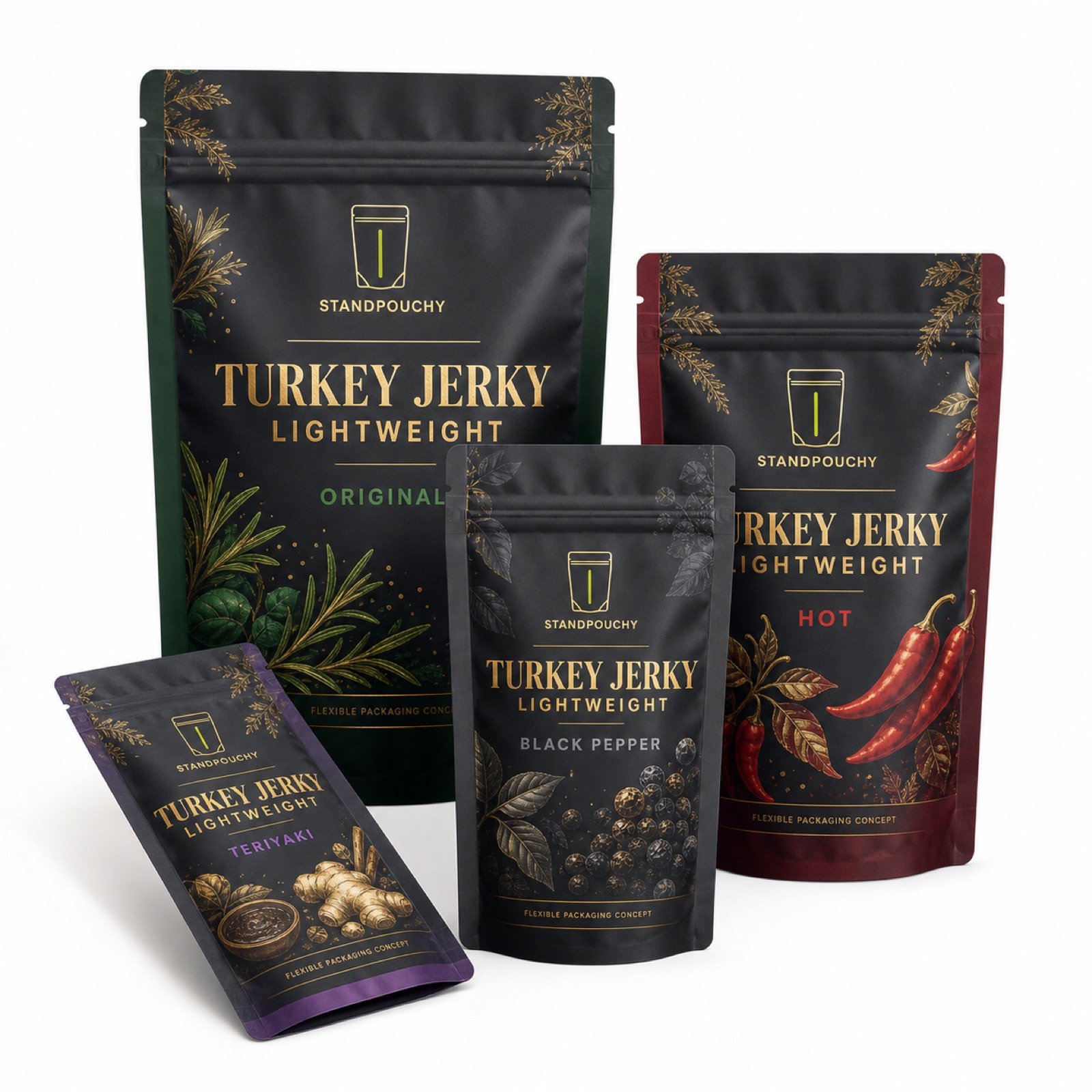 Turkey Jerky Lightweight Stand Up Pouch coordinated SKU series