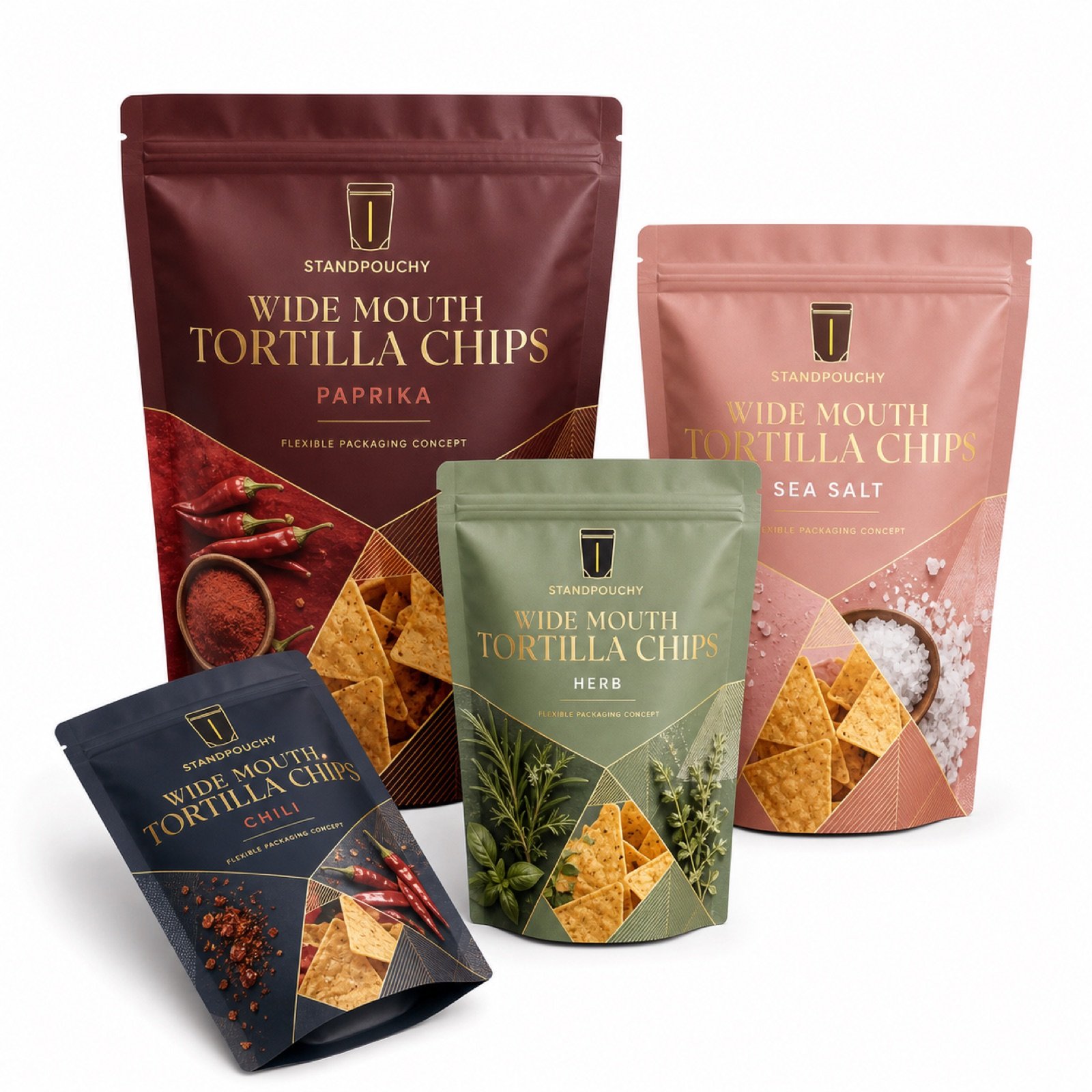Wide Mouth Tortilla Chips Pouch coordinated SKU series