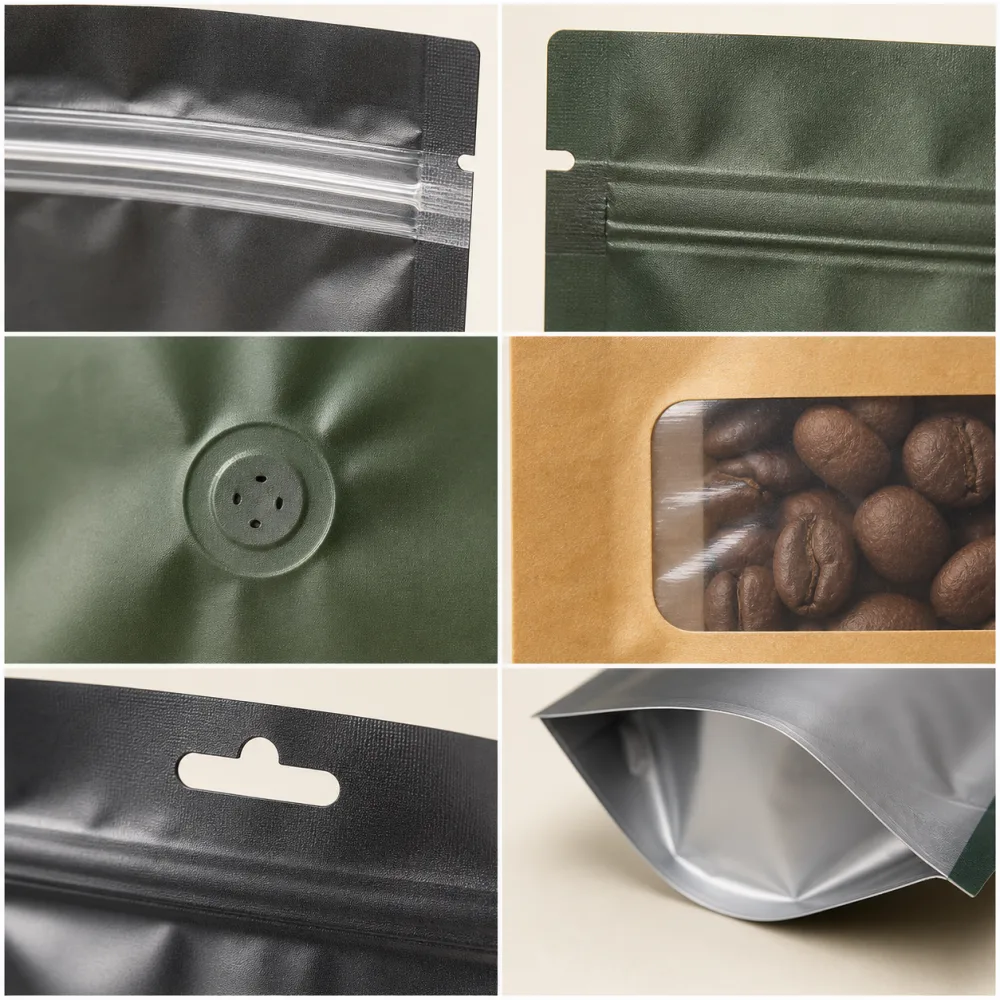 Zipper, tear notch, valve, window, hang hole and bottom gusset pouch details