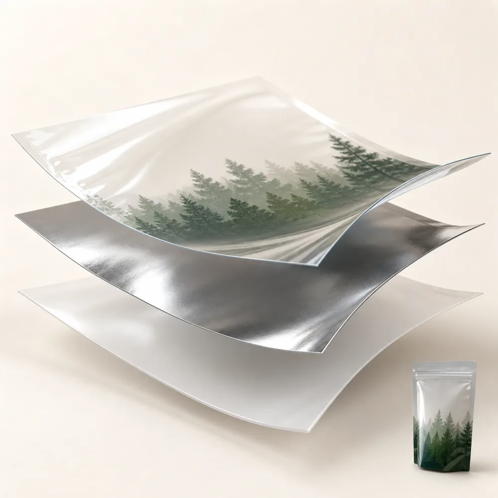 Exploded printable, barrier and sealant layers in a flexible pouch laminate