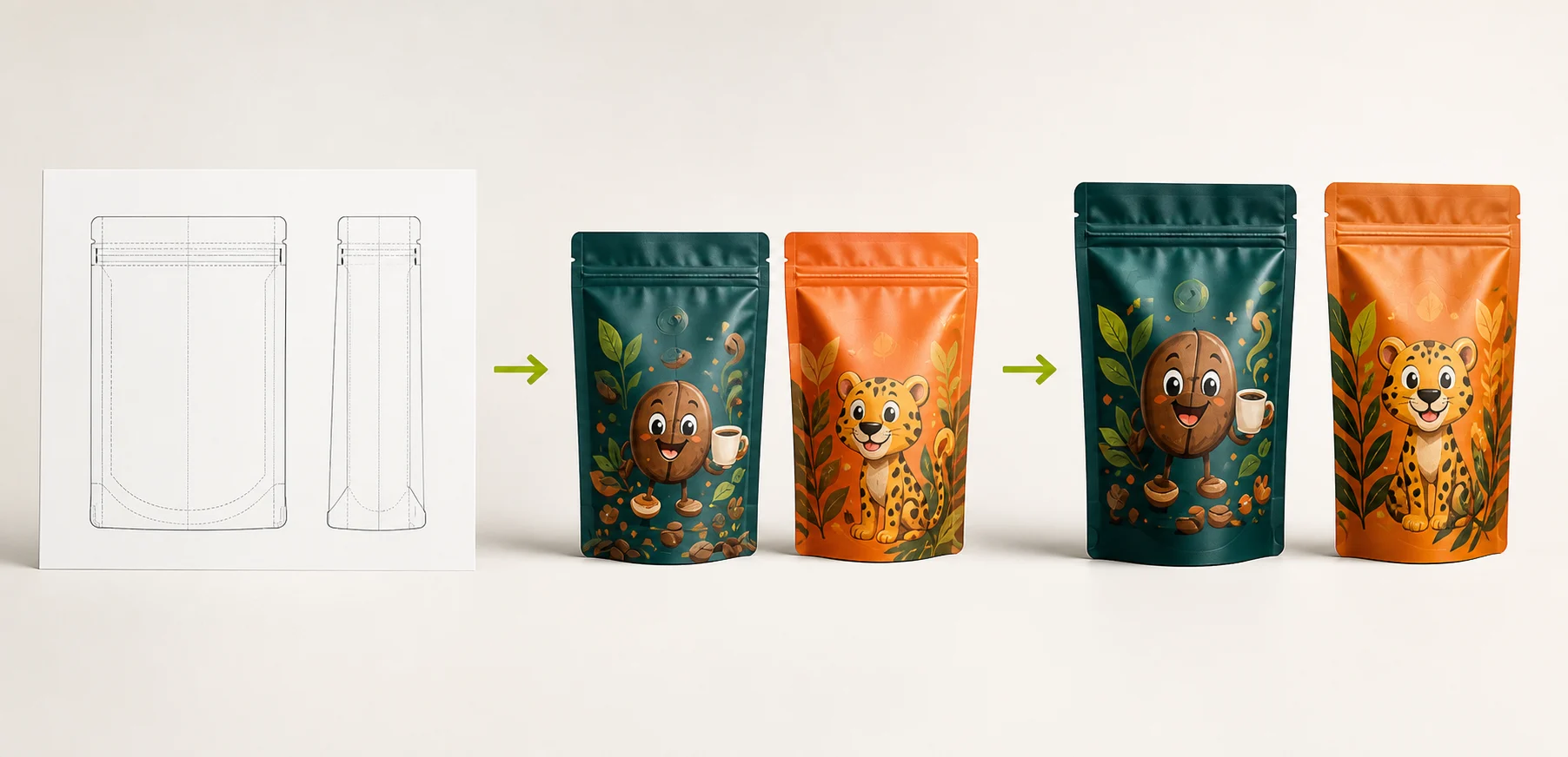 Dieline, color proof and finished printed pouch workflow