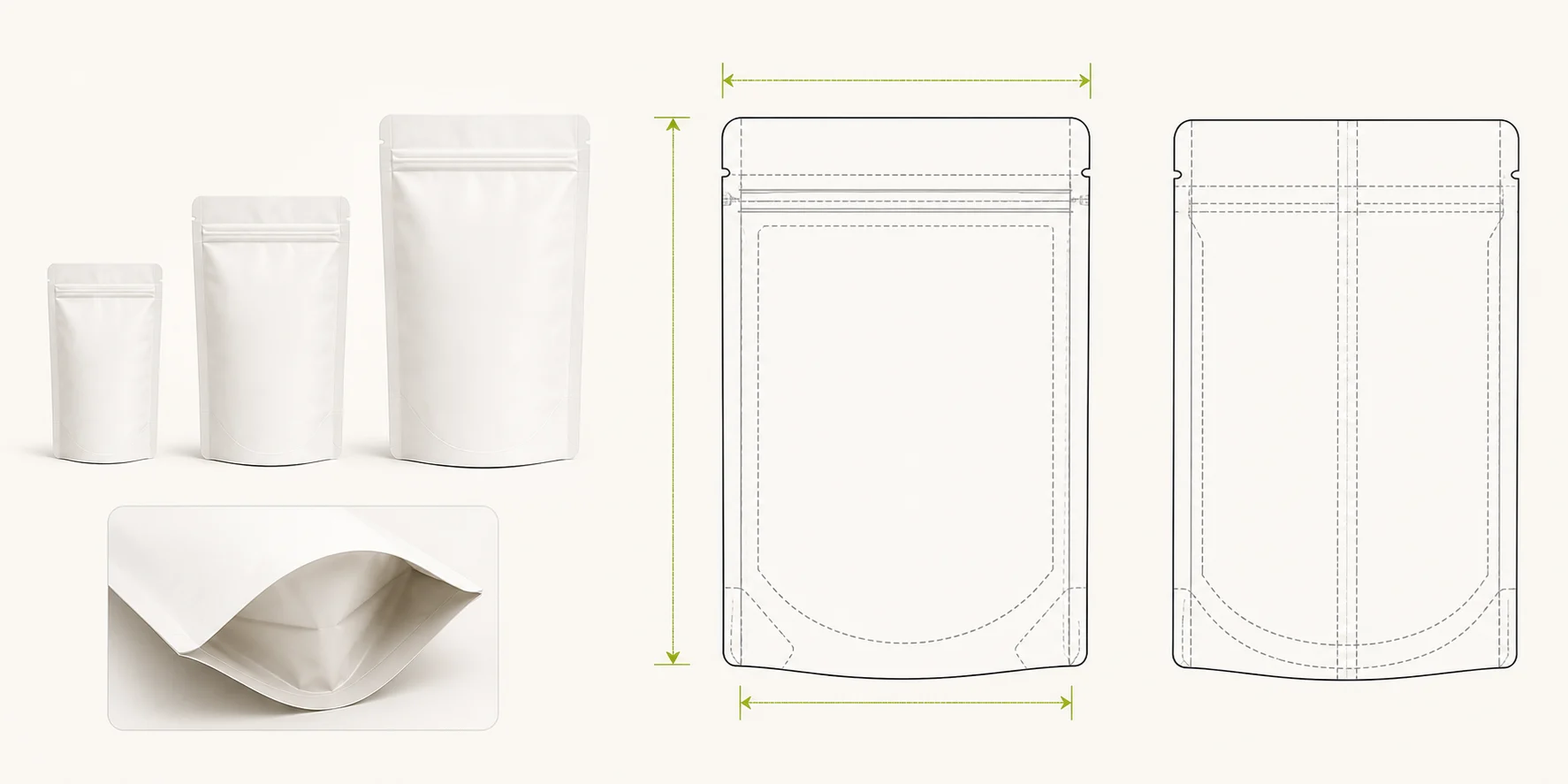 Small, medium and large stand up pouches with front and back dieline views